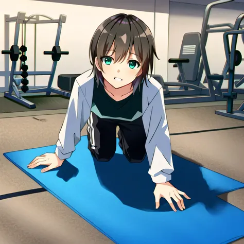 A person doing a plank exercise on a mat in a fitness gym, minimal equipment, bright interior. Short hair, brown hair, green eyes.
