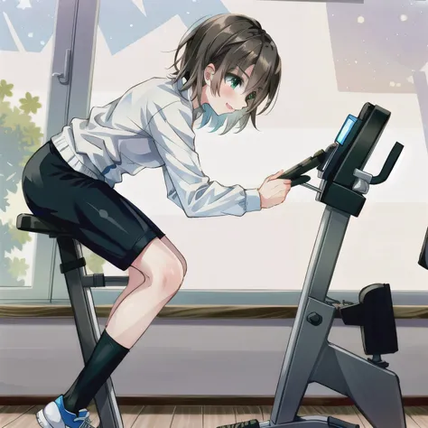 A fitness gym, a person training on a stationary bike, side view, bright morning sunlight through large windows. Short hair, brown hair, green eyes.