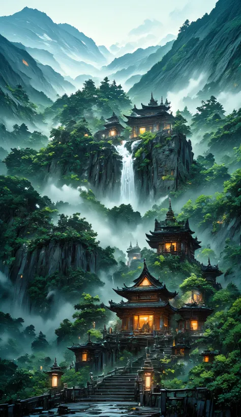 anime style, kuil di atas tebing, landscape, best quality, 4k, high resolution, masterpiece, ultra-detailed, realistic, photorealistic, HDR, studio lighting, physically-based rendering, extreme detail, professional, vivid colors, bokeh, lush green forest, ...