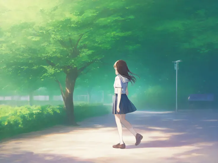 summer　uniform　back view　full body　scenery　tree