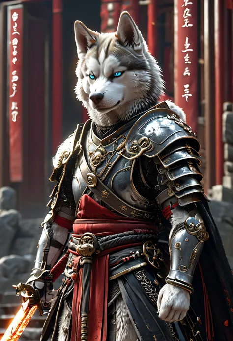 Siberian Husky Samurai,full body, He has a Japanese sword with thunder.there's no blood on the sword、Pretty sword,  like in an Unreal Engine movie wearing black armor and hakama haori , Japanese temple background, high resolution, masterpiece, Highest Qual...