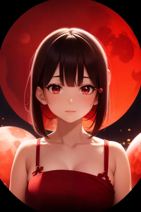 Round bright red moon, sky also glowing red from moonlight, bright shining moon, large reflection in center behind, woman in yukata in center front, ((facing front)), (close-up of upper body)