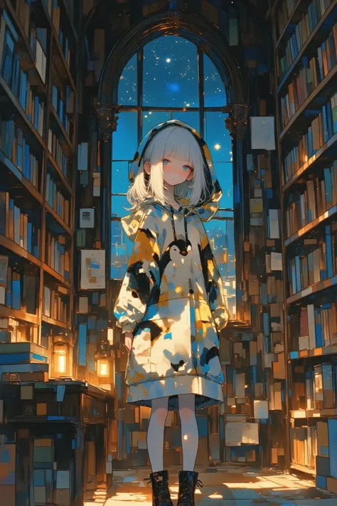 a young girl wearing a colorful oversized penguin hoodie, standing quietly in a dimly lit library at night, surrounded by tall wooden bookshelves filled with old books, the warm glow of a few scattered lamps casting soft shadows, her white hair and calm ey...