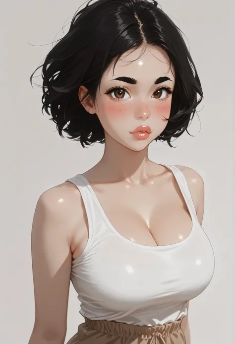 perfect face, black hair, medium hair, bob hair, black eyebrows, thin eyebrows, brown eyes, blush, thick lips, round tank top, white tank top, (large breasts 1.4), from side, looking at viewer, white background