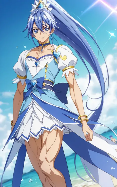 score 9 、score 8 up、score 7 up、source anime、masterpiece、Highest Quality、high resolution、anime coloring、1boy、cure diamond、(male:1.olo、cartoon boy in a blue dress、 Boy with long blue hair、 With Shining Blue Eyes 、high long ponytail hair、dia shape hair orname...