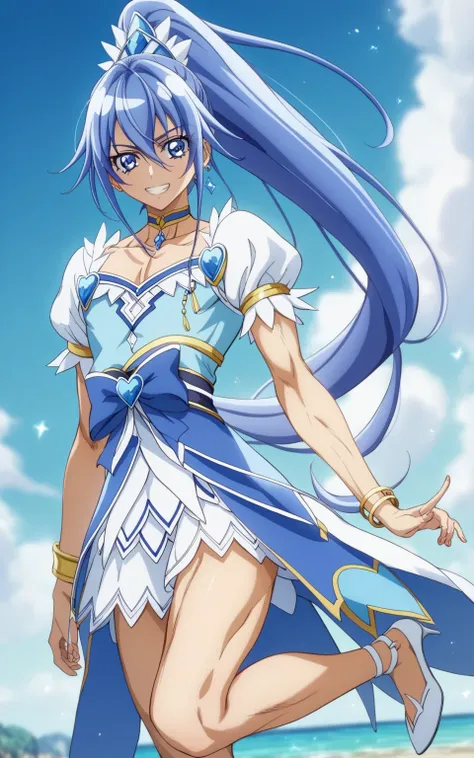 score 9 、score 8 up、score 7 up、source anime、masterpiece、Highest Quality、high resolution、anime coloring、1boy、cure diamond、(male:1.olo、Boy in a blue dress、 Boy with long blue hair、 With Shining Blue Eyes 、high long ponytail hair、dia shape hair ornament、solo、...
