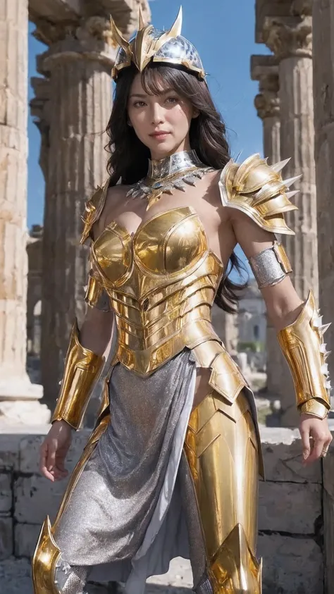 (( Female 1 )))  beautiful 女性,  with cutting edge details Ultra realistic photography with cutting edge details, Greek ruins in the background.  Shiny metal armor, Saint Seiya Armor, (((Cancer Armor))),   beautiful,  blue eyes,  tanned skin, Every Little D...