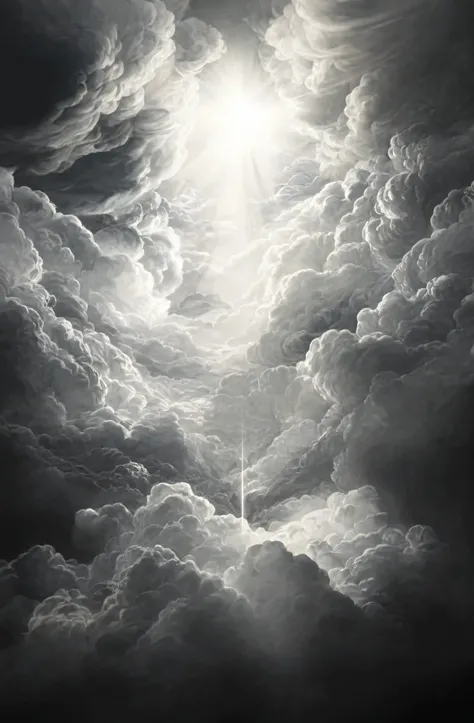"Highly detailed black and white tattoo design of dramatic, dense storm clouds parting to reveal a radiant beam of light shining from above. Voluminous, swirling clouds with soft highlights and deep shadows, strong contrast, heavenly and majestic atmospher...