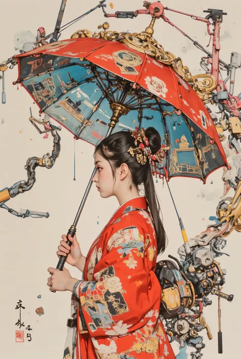 サイバーパンク風サイケデリックなumbrellaを構えて視聴者に微笑見ながら振り返る少女、Raindrops that shine brightly in rainbow colors、乱舞する虹色のumbrella、umbrella、Create a Very Old Picture, 波紋が綺麗なumbrella、beautiful girl、ponytail, Inspired by Utagawa Kuniyoshi、super detailed painting, Ukiyo-e, Niche ...