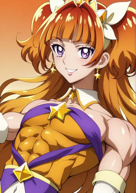 score 9 、score 8 up、score 7 up、source anime、masterpiece、Highest Quality、high resolution、anime coloring、1boy、cure twinkle、(male:1.ellow mini dressを着た男性、boy with orange brown twin tail hair、official art、solo、long hair、orange hair、low tied long hair、multicolo...