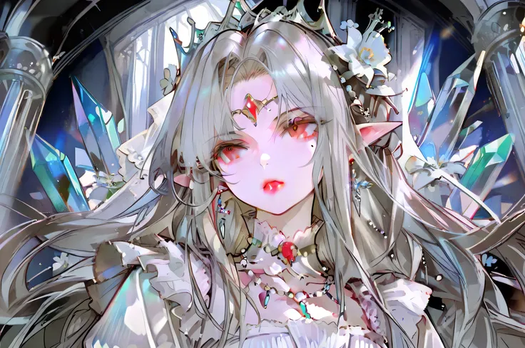 only one elf, white dress, a middle-aged woman, queen, princess, silver hair, long hair, very long hair, crown, tiara, jewelry, forehead jewel, bead necklace, hair beads, flower on head, mole under eye, red eyes, pointy ears, crystal earrings, makeup, seri...
