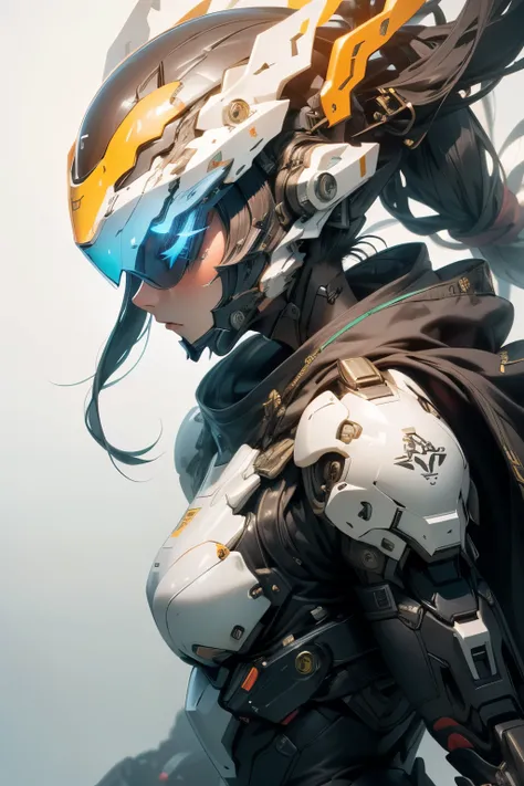 A Japanese young woman, clad in sleek, futuristic robot armor, stands as a striking symbol of strength and grace. In this digitally-rendered portrait, she exudes an aura of power and determination, her features enhanced by the metallic sheen of her armor. ...