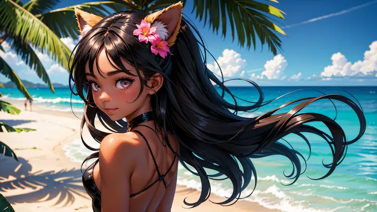 Beautiful Cat girl standing on a tropical beach with her back to you looking back over her shoulder, ((perfect ass, small perky ass)), (cowboy shot), (High resolution, upper body, shiny skin, My skin:1.2), ((dark tan skin with tan lines)), (best illustrati...