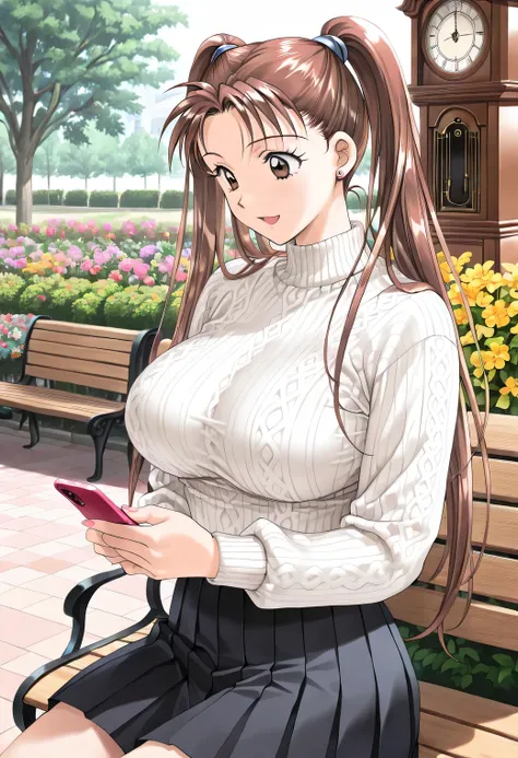 masterpiece, newest, vibrant, very aesthetic, high contrast, mature woman,solo,((KanouRyouko, twintails, brown hair, long hair, brown eyes)),((white knit,Black Pleated Skirt)), ((Big Breasts:1.4)), (smile,open mouth),((garden,Outdoors, bench,Detailed Backg...