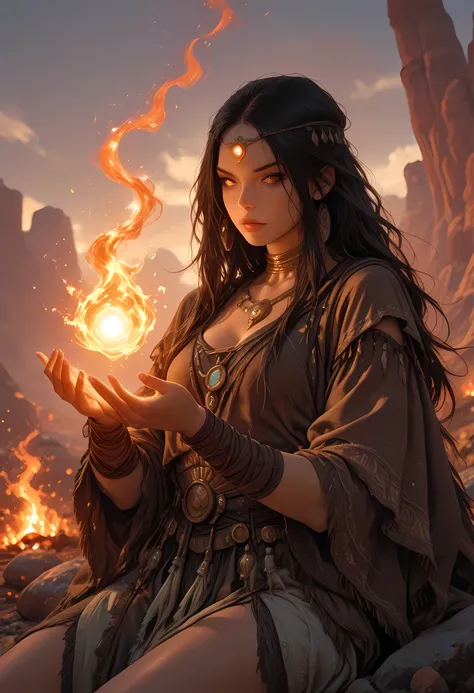there is a Cherokee woman in the Grand Canyon she sits and meditates as the sun going down near a camp fire, she sees the canyon beneath, she wears traditional Cherokee clothes, small cleavage, she has long hair, black hair, almond shaped eyes,  high detai...