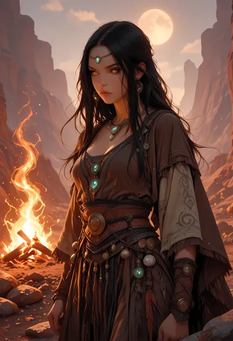 there is a Cherokee woman in the Grand Canyon she sits and meditates as the sun going down near a camp fire, she sees the canyon beneath, she wears traditional Cherokee clothes, small cleavage, she has long hair, black hair, almond shaped eyes,  high detai...