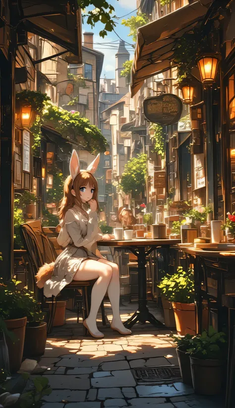 European backstreets, open café, furry girls (bunny ears, behemoth girls, cute dresses) relaxing with coffee at open café table, sitting on chairs, looking at us, elegant aesthetic style. Cobblestones, potted flowers, many stone buildings, warm lighting, r...