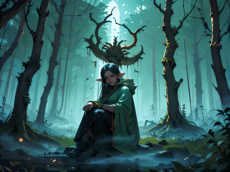 A sorrowful Eldar goddess sits alone in the grotesque Garden of Nurgle, surrounded by decaying flora and rotting life. She is Isha, the goddess of healing, her body wounded and trembling, seated on a twisted root with one hand clutching her side, glowing f...