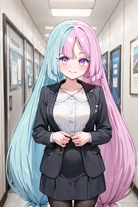 iono (Pokémon Scarlet and Violet), Medium breasts, ((no hair ornament)), very long hair, twintails, bicolor hair, light blue and pink hair, two-toned eyes, pink and blue eyes, ((animated expression)), confident smile, extremely detailed face, outerwear, bl...
