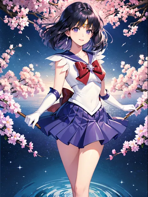 sailor saturn, 1 girl, black hair, short hair, purple eyes, detailed eyes, female focus, alone, Standing, Hotaru Tomoe, portrait, full body, (Masterpiece:1.0), (best quality:1.0) , (wallpaper 8k:1.0), (detailed beautiful face:1.0), (detailed deep eyes), de...