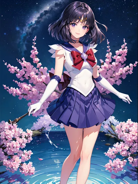 sailor saturn, 1 girl, black hair, short hair, purple eyes, detailed eyes, female focus, alone, Standing, Hotaru Tomoe, portrait, full body, (Masterpiece:1.0), (best quality:1.0) , (wallpaper 8k:1.0), (detailed beautiful face:1.0), (detailed deep eyes), de...