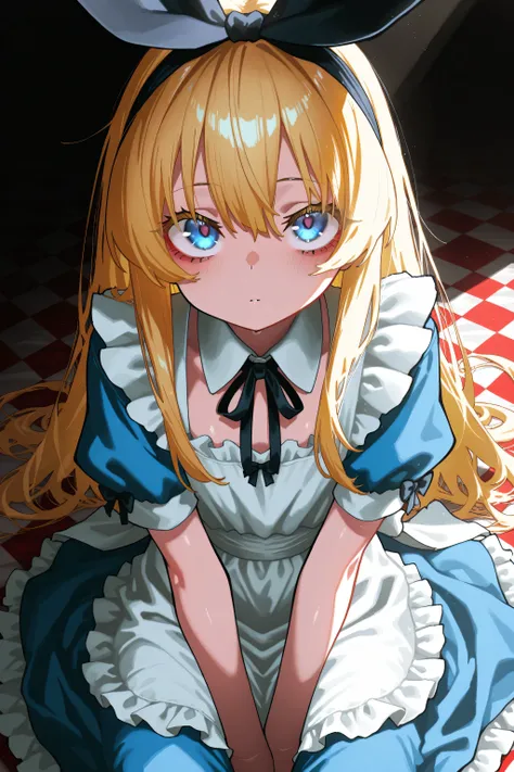 kmj-anonstyle, [artist:yoneyama mai], (atahuta:0.5), [artist: ekrea_jan], aruhshura, masterpiece,best quality,amazing quality, 748cmstyle, solo, eye focus, anime screencap, dramatic lighting, alice in wonderland, blonde hair, blue eyes, beautiful eyes, fan...