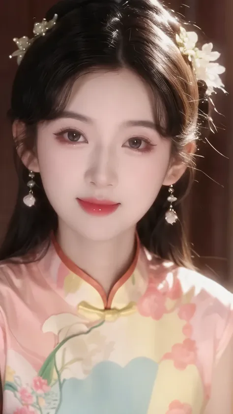 1 beautiful girl,Best Quality,(painting:1.5),Chest,torii,,depth of field, detailed face ,facial focus,ribbon_trim,(watching the audience:1.25),Smile,Thick lips,Real People, white cheongsam