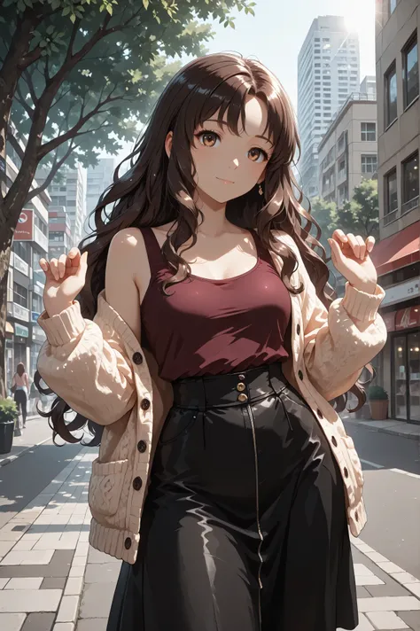 long wavy hair, casual outfit, burgundy tank top, cream cardigan, black high-waisted skirt, natural pose, standing, urban background with buildings and trees, bright sunlight casting defined shadows, relaxed atmosphere.