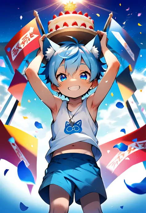 (score_9, score_8_up), (ultra detailed), (8k), (cute face), (detailed eyes:1.3), (shiny eyes), (masterpiece eyes), (small eyes), (1 boy), (shota:1.5), (standing:1.3), (both hands holding cake:1.3), (big white cream cake), (blue cat Illustrations on cake:1....