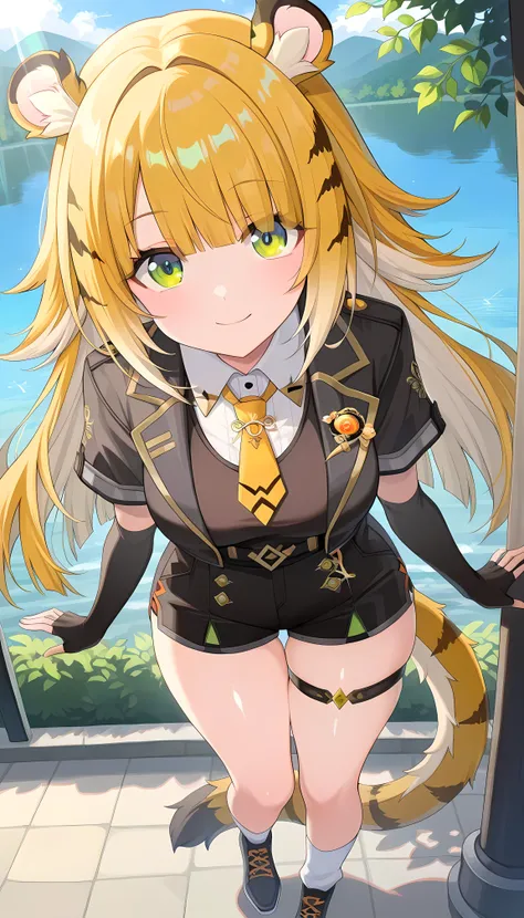 masterpiece, Highest Quality, amazing quality, outdoors, lake, contemporary, Midea,  Absard Dress, Highest Quality, 4K, Luxury,   juhufu, 1 girl, solo, green eyes, Tiger&#39;s Tail, Tiger Ears, gloves, shirt, smile,Shiny Eyes , beautiful eyes on my stomach...