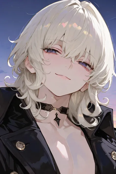 masterpiece, best quality, Detailed Eyes, male_only, handsome, seductive_smile, platinum_hair, medium_hair, curly hair, light_sky_blue_eye, tear point, black_long_coat, choker, portrait_face only
