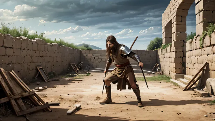 A hyper-realistic biblical scene showing Sansón captured by the Philistines. He is bloodied, bruised, and shackled in heavy iron chains. His head is shaved, his long hair gone, and his eyes are swollen shut or freshly gouged, symbolizing his blindness. His...