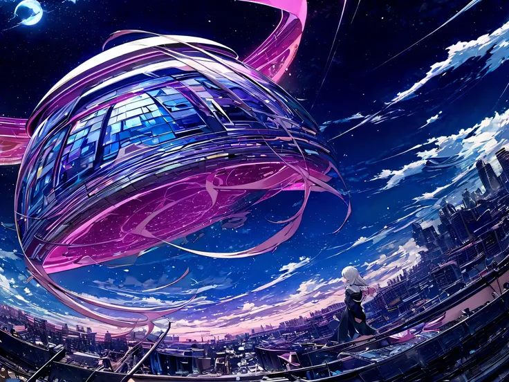 A wide futuristic sky view with some building in anime style, and a girl with a white hair underneath pink stand in the midle (looks small, the girl is the refference). A fantastic quality art
