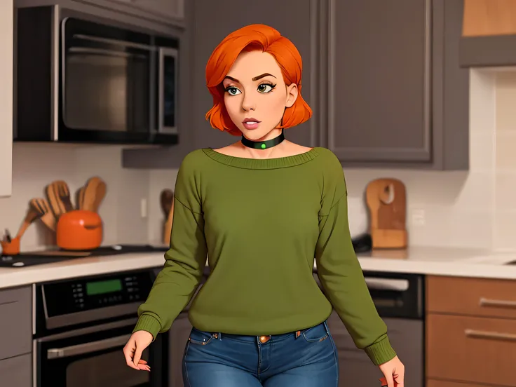 Anastasia, (Anastasia:1.5), masterpiece cartoon, (masterpiece cartoon:1.3), detailed, realistic, (realistic:1.3), 1girl, solo, (solo:1.9), 30 years old, in a home kitchen, (in a home kitchen:1.5), orange hair, (orange hair:1.5), short hair, (short hair:1.5...