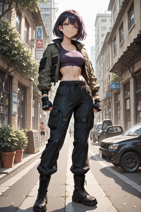 Kaminari Itsuko is a 5'8" athletic girl with a sleek, runner's build — strong legs, narrow waist (~26"), subtle hips (~34"), and modest chest (~B-cup). Her skin is sun-warmed tan, dusted with old scars on her knuckles. She has sharp cheekbones, a defined j...