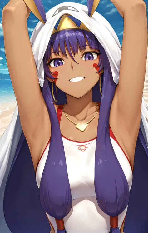 masterpiece, best quality, amazing quality, anime screencap, anime coloring, 1girl, nitocris summer, Unique Swimsuit, fate_go_style, blanket over head, arms up, raised arms, armpits, head towards viewer, looking at viewer, smile, teeth, (light source in fr...