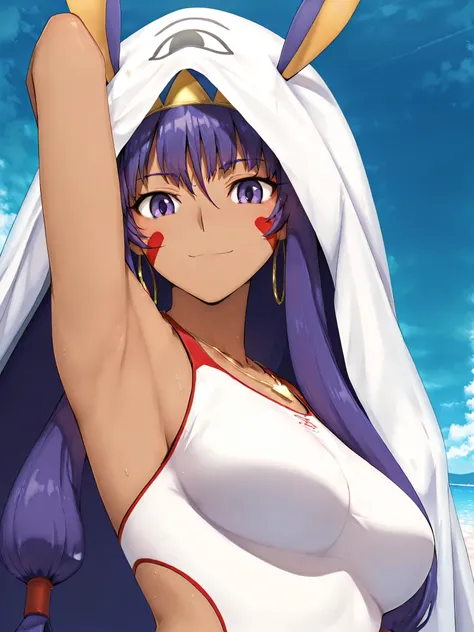 masterpiece, best quality, amazing quality, anime screencap, anime coloring, 1girl, nitocris summer, Unique Swimsuit, fate_go_style, blanket over head, arm behind head, armpit, armpit focus, head towards viewer, looking at viewer, smile, closed mouth, (lig...