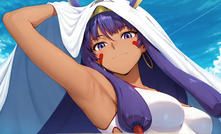 masterpiece, best quality, amazing quality, anime screencap, anime coloring, 1girl, nitocris summer, Unique Swimsuit, fate_go_style, blanket over head, arm up, raised arm, armpit, armpit focus, head towards viewer, looking at viewer, smile, closed mouth, (...