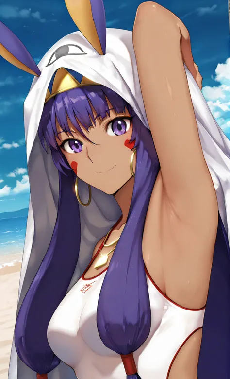 masterpiece, best quality, amazing quality, anime screencap, anime coloring, 1girl, nitocris summer, Unique Swimsuit, fate_go_style, blanket over head, arm up, raised arm, armpit, armpit focus, head towards viewer, looking at viewer, smile, closed mouth, (...