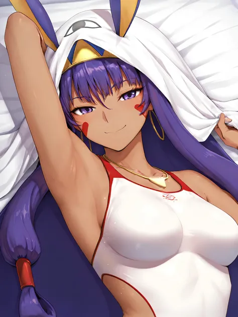 masterpiece, best quality, amazing quality, anime screencap, anime coloring, 1girl, nitocris summer, Unique Swimsuit, fate_go_style, blanket over head, arm up, raised arm, armpit, armpit focus, head towards viewer, looking at viewer, smile, smug, half-clos...