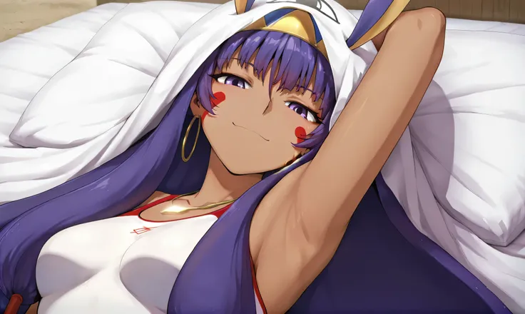 masterpiece, best quality, amazing quality, anime screencap, anime coloring, 1girl, nitocris summer, Unique Swimsuit, fate_go_style, blanket over head, arm up, raised arm, armpit, armpit focus, head towards viewer, looking at viewer, smile, smug, half-clos...