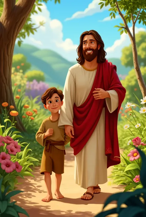 Jesus Christ is walking a path with a boy , in front of the camera,  garden landscape , at the time when Jesus Christ performed miracles in Israel, Full scene , realistic Disney Pixar cartoon style , focus on the boy&#39;s face.