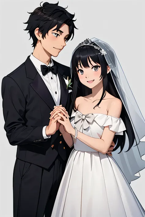 , (serafuku:0.9), An anime-style illustration of a newlywed couple showing off their wedding rings. The man is wearing a black tuxedo with a bow tie, and the woman is wearing a glamorous, sparkly off-shoulder wedding gown with a tulle veil. Both are smil...