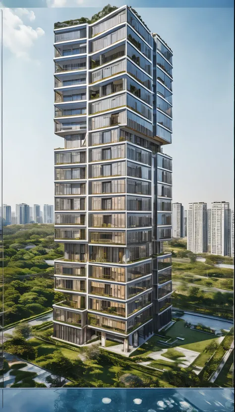 Realistic building render, glazed, blue sky, city,