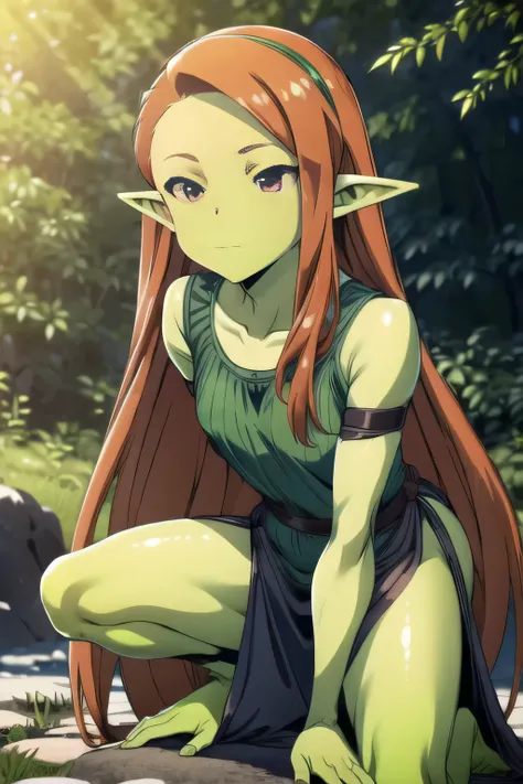 (Bright green skin:1.4)、Goblin Woman Squatting in the Forest、Adult Sexy Woman Goblin、Medieval German Common Woman's Costume、One personで、Solo、UHD, masterpiece, anatomically correct, textured skin, super detail, best quality, 8k、One person、(((Solo)))、(Bright...