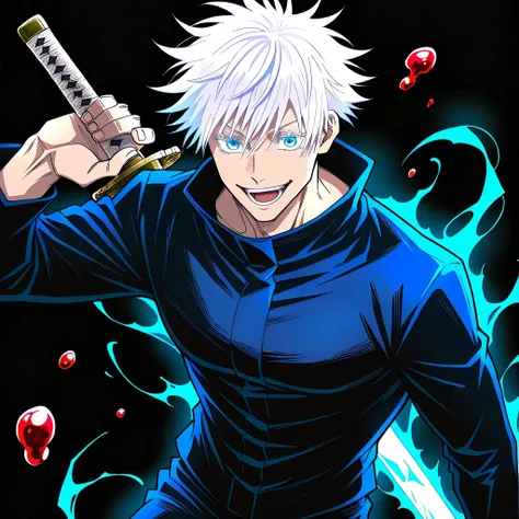 1 man, gojou satoru, jujutsu kaisen, short hair, hair between eyes, blue eyes, muscular, handsome, sexy man, white hair, cool, mature man, glowing eyes, crazy smile, holding sword, glowing sword, blue aura, black background, blood drop, floating dropes, m...