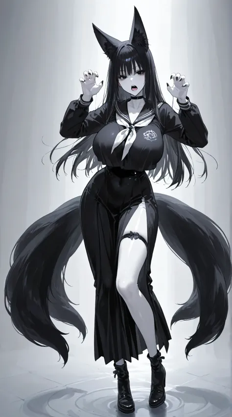long black hair、 eyes without light 、Dark Eyes、black sailor suit、white skin、full body、Nine tails、fox tail、huge breasts、open mouth、claw pose