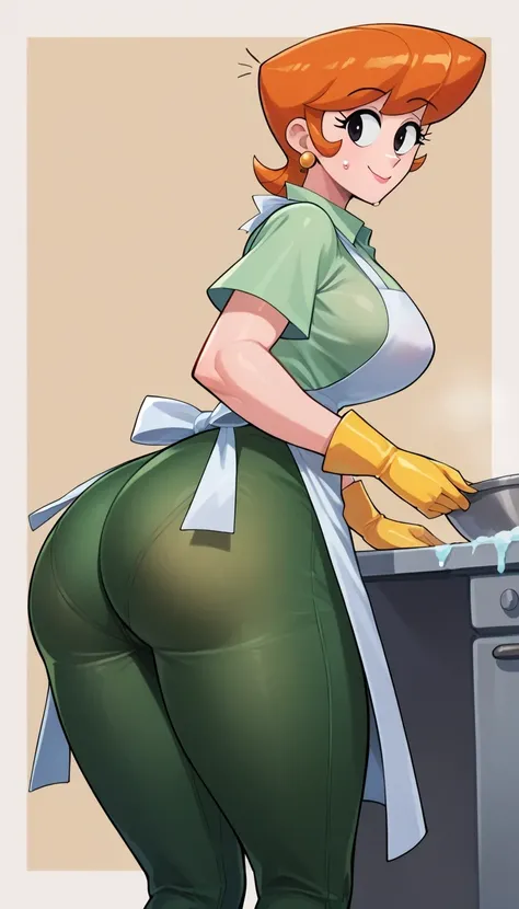 dextersmom, 1 girl,  mature woman, caderas anchas,  orange hair,  black eyes, make-up, Earrings,Gloves, shirt, apron,  pants , slight smile,  big breasts ,   big ass,  thick thighs , caderas anchas, ( showing ass), (lean), washing the dishes, (see through ...