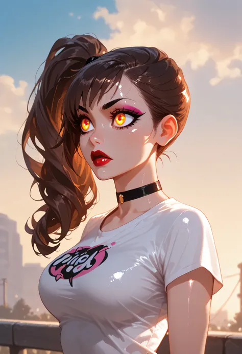 outdoors, 1girl, long hair, slick back side ponytail, brown hair, black eyebrows, thin eyebrows, pink eyeshadows, black eyeliners, big eyes, glowing golden eyes, thick lipstick, perfect face, beautiful girl, t-shirt, black t-shirt, medium breasts, black ch...