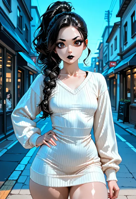 on street, perfect face, braided side ponytail, black hair, black eyebrows, thin eyebrows, big eyes, brown eyes, black eyelashes, black eyeliners, full lipstick, beautiful woman, (striped sweater dress), (black striped), (white sweater dress long), collarb...